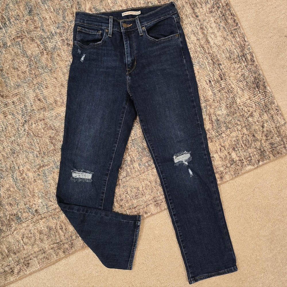 Levi 724 High Rise Straight Crop Dark Blue Distressed Women's Jeans Size 27